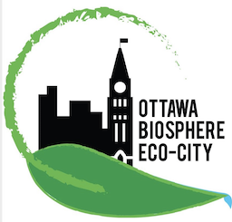 Ottawa Biosphere Eco-City logo: Parliament Buildings wrapped in a green vine dripping a drop of clean water.
